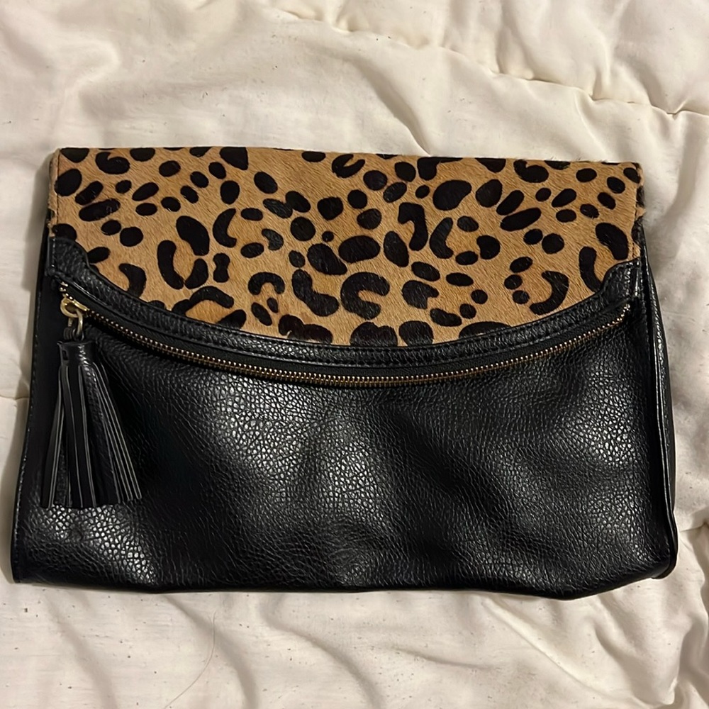 Express faux leather & calf hair, leopard print fold over clutch